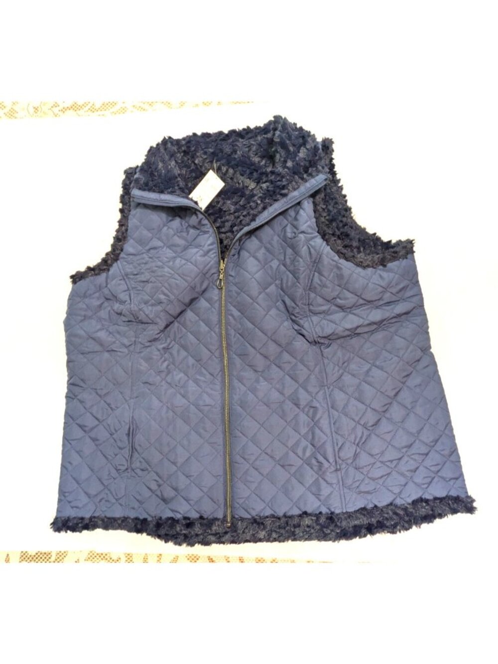 Denim & Co Reversible Quilted Vest Womens Sz 2X Blue Medium Faux Fur Zip